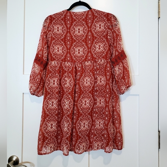 As U Wish Dress Cinnamon Rust Color Print Mini Boho Babydoll Lined Size … - Picture 2 of 16